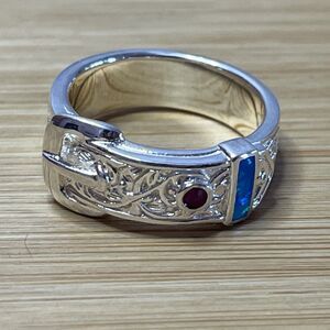 .925 Sterling Silver Belt & Buckle Ring Size 8 1/2 Ruby And Lab Created Opal